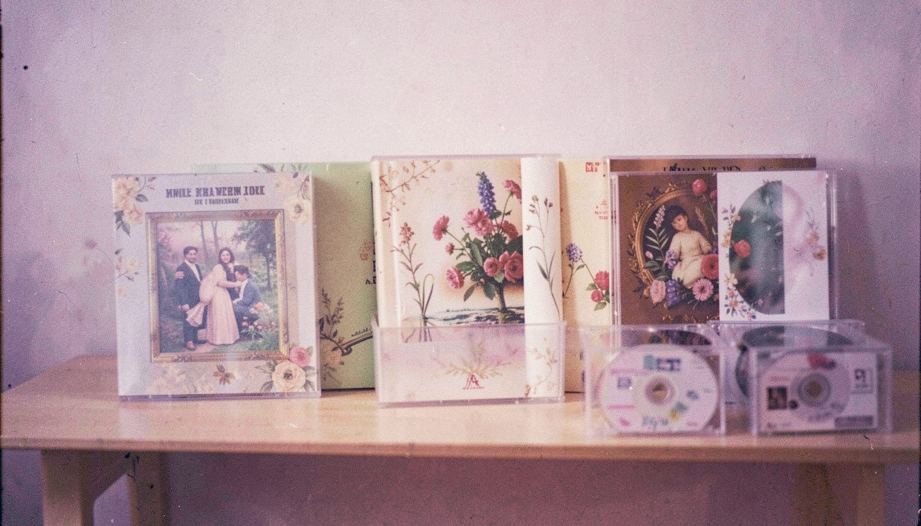 Yumuşak lavanta ve krem tonlarında, loş bir stüdyo ortamında bir raf üzerinde sıralanmış ilahi albüm kapakları ve CD kutuları; analog film dokusuyla sıcak ve davetkâr bir atmosfer.